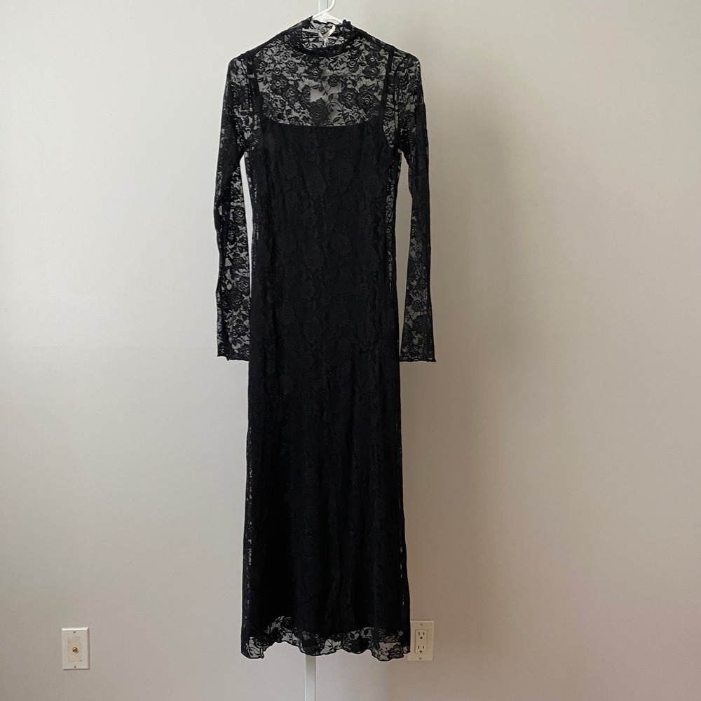 Anthro NIA M Whimsigoth Witchy Black Maxi Dress Floral Lace Mock Neck Sheer Goth